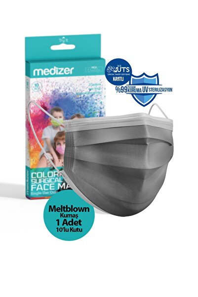 Medizer Gri Meltblown Kumaş Full Ultrasonik 3 Katlı Burun Telli Cerrahi Maske 10'lu 1 Kutu