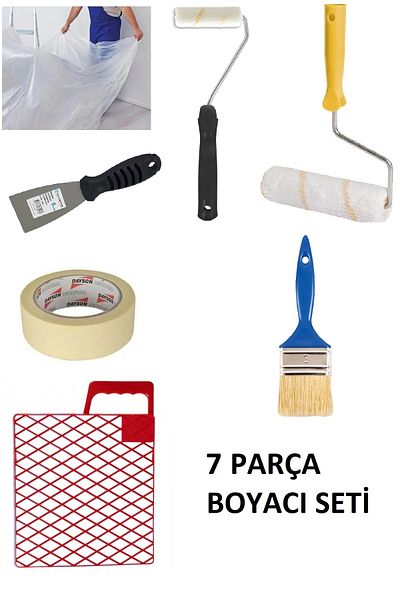 İzmir Fırça Painter Set 7 Pieces Brush + Roller + Finger Roller + Grill + Dyson Tape + Protective Cover + Spatula