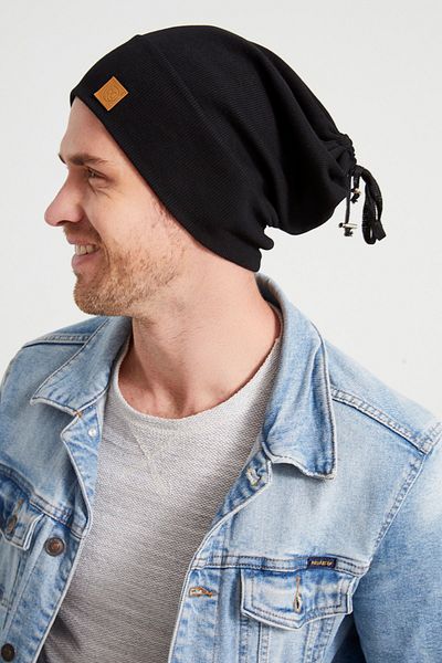 Butikgiz Men's Young Athletic Black Rope Detailed Hat Beanie - Sport, Comfortable, 100% Cotton Camisole, Domestic Production