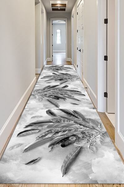 Bely Home Bely Dijital Baskılı Kaymaz Taban Yıkanabilir Kuş Tüyü Desenli Gri Yolluk Ve Salon Halısı
