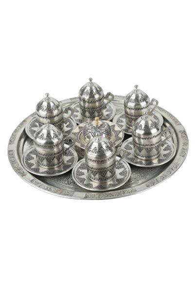 HASBEDESTEN El Yapımı Gaziantep Eskitme Üzüm Desenli 6 Kişilik Bakır Türk Kahvesi Fincan Takımı