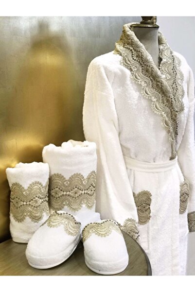 Creativehome Güneş Nakışlı Dantelli Ekru Bornoz Takimi, Organik Bambu Ve Pamu...