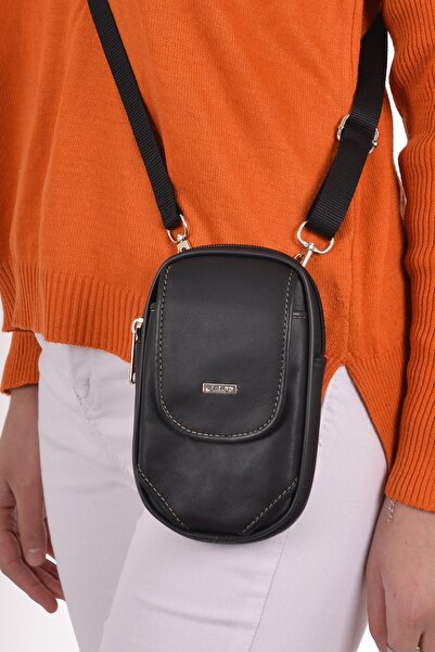 Meka Deri Unisex Black Genuine Leather Shoulder Bag with Phone Compartment