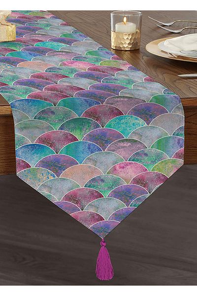 Realhomes Alerg triunghi modern cu smocuri de chenille cu model rotund pe fundal albastru colorat