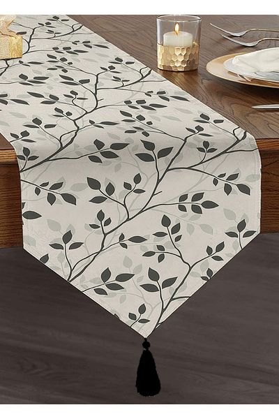 Realhomes Fundal gri colorat, cu model de frunze, imprimat digital, cu smocuri decorative din chenille