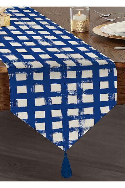 Realhomes Aleargă triunghiulară cu smocuri decorative din chenille cu motiv pătrat geometric, albastru închis
