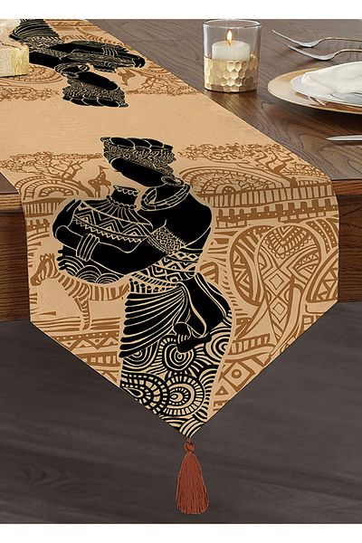 Realhomes Chenille Triangle Runner με Ethnic Pattern Backdrop Αφρικανικές γυναίκες Μοτίφ Διακοσμητικές φούντες