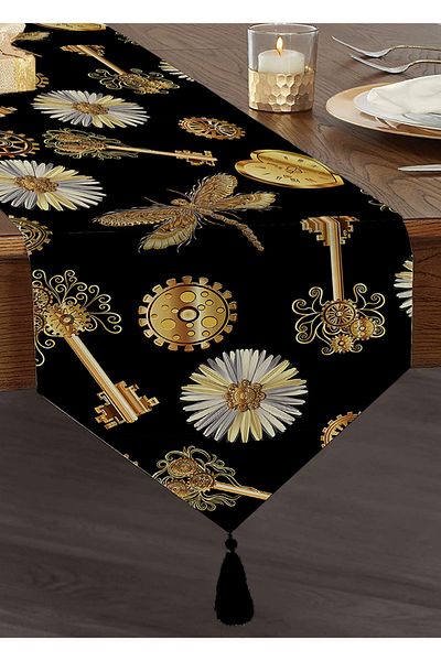 Realhomes Obiecte etnice pe fundal negru Design special Chenille Triunghi Runner cu ciucuri