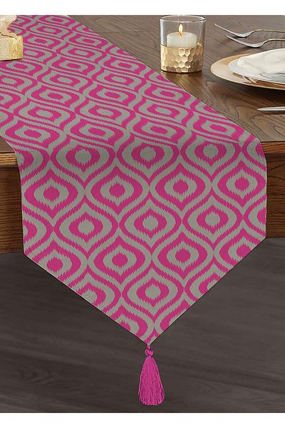 Realhomes Special Design Fuchsia Ikat Patterned Digital Printed Tasseled Chenille Triangle Runner on Gray Background