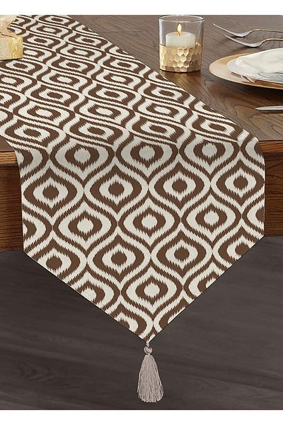 Realhomes Ειδικής σχεδίασης Καφέ Ikat με μοτίβο ψηφιακής εκτύπωσης σενίλ Τρίγωνο Runner με φούντες