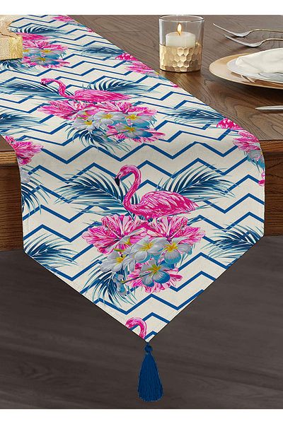 Realhomes Fundal în zig-zag Imprimat cu flamingo. Alergăr decorativ cu smocuri din chenille