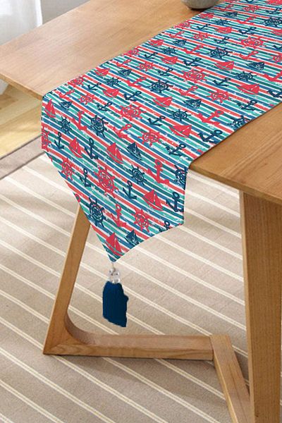 Realhomes Roz Albastru Motiv Marinar Design Special Tufted Chenille Triunghi Runner