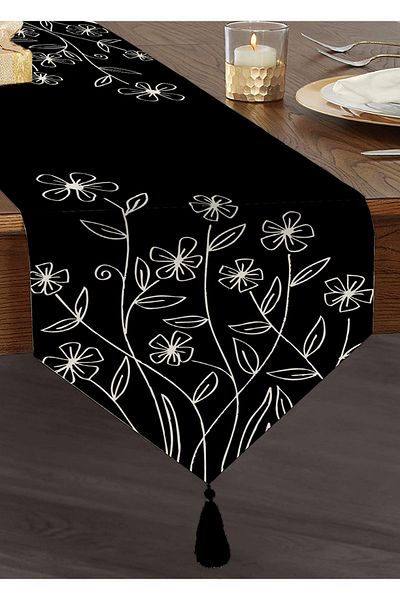 Realhomes Alergăre triunghiular din chenille cu design special, cu motive florale pe fundal negru