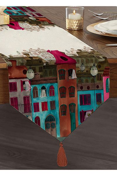 Realhomes Home Motif Digital Printed Διακοσμητικό Τρίγωνο Runner με φούντα σενίλ