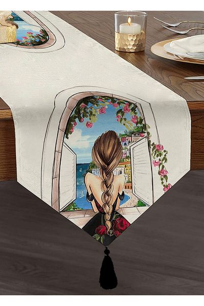 Realhomes Happiness Landscape Special Design Chenille Triangle Runner με ακουαρέλα σχέδιο και διακοσμητικές φούντες