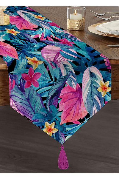 Realhomes Flori colorate pe fundal albastru Alerg triunghi modern cu smocuri de chenille