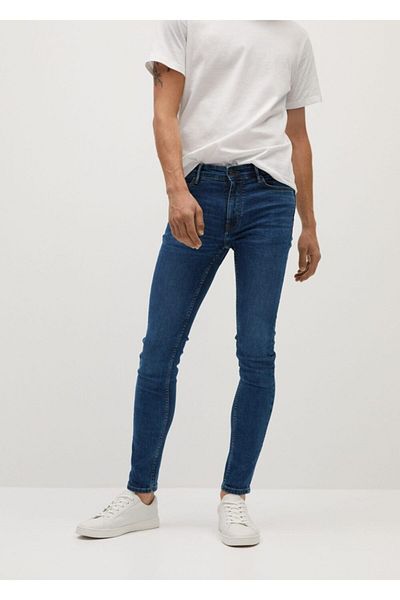 MANGO Man Pánské modré skinny tmavé seprané kalhoty Jude Jean