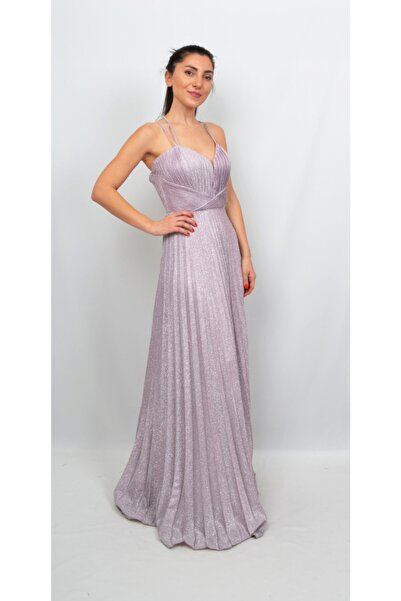 ALİS DRESS Kadın Lila İp Askılı Sırt Detaylı Simli Abiye