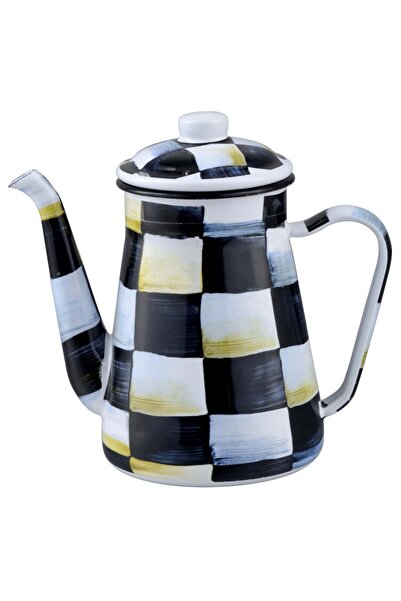 Ebru Metal إبريق قهوة مطلي بالمينا بنمط مربعات 1.2 لتر