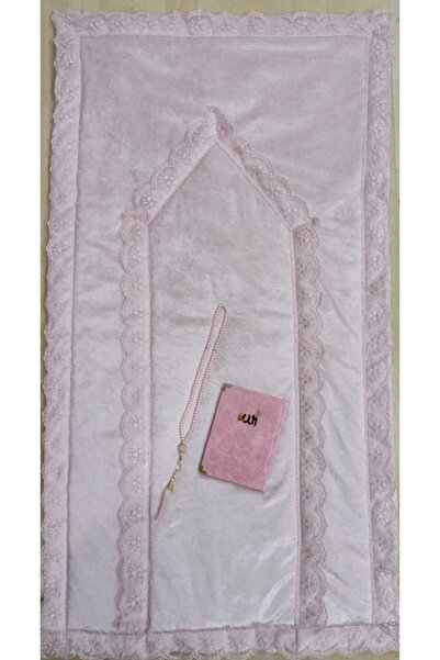 Lamazihome Pudra Kadife Fransız Güpürlü Tesbih Cüz Seccade Çeyiz Seti 3 Parça