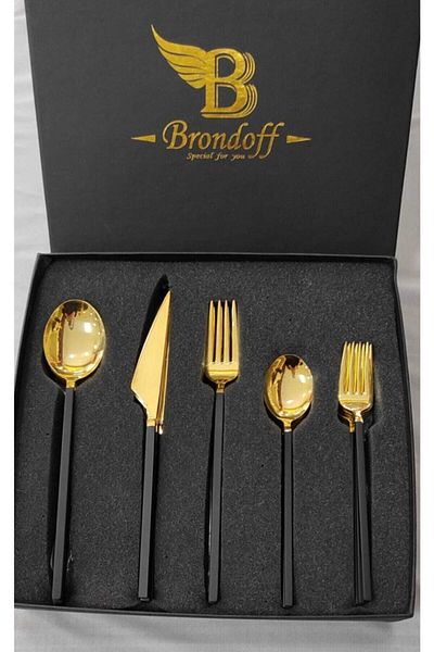BRONDOFF 30 Piece Black Gold Fork Spoon Knife Set