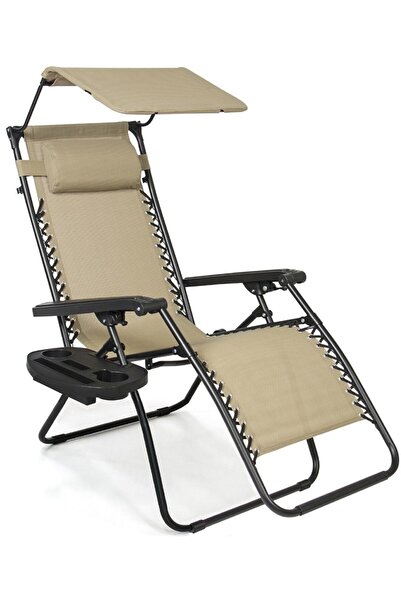 Leva House Şezlong Koltuk Sehpalı Gölgelikli Yerçekimi Katlanır Koltuk Krem Renk