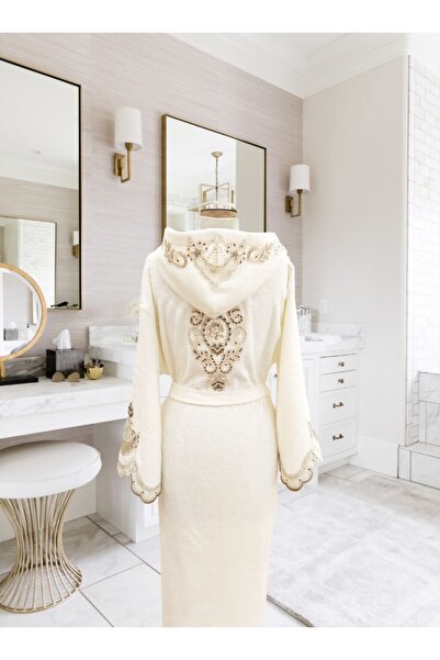 Creativehome Fiona Gold Dantelli Ekru Bornoz Takimi, Organik Bambu Ve Pamuk, ...