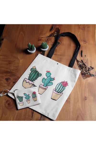pamukcanta Çıtçıtlı Kalın Kumaş Kaktüs Tasarım Cüzdanlı Bez Çanta