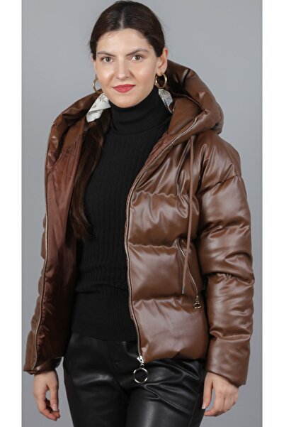 ayriss Kadın Kahverengi Şişme Deri Mont