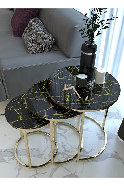 HAUSEV Gold Metal Zigon Sehpa ''kırılmaz Temperli Cam Mermer Desen''