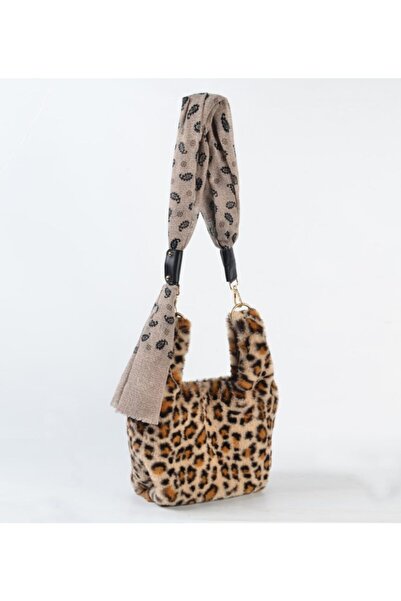 sisa.art Sisaart Poşe Fularlı Şallı Aksesuarlı Leopar Kürk El Ve Omuz Çantası