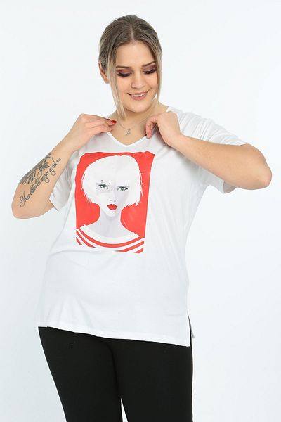 Butik Nilyam Women's White Large Size Printed T-shirt