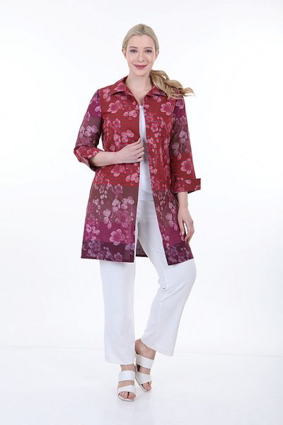 DISENTIS MODEST Shirt Collar Self Flower And Line Pattern Cuff Back Curved Buttonless Red Shirt Jacket