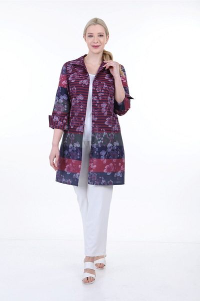 DISENTIS MODEST Shirt Collar Self Flower And Line Pattern Cuff Back Curved Burgundy Shirt Jacket Without Buttons