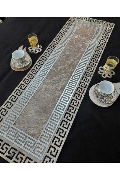 SEHARA Βιζόν Βελούδο - Ασημένιο δώρο 100X33CM με λεπτομέρεια δρομέα (με 2 φύλλα και 2 μοτίβα λουλουδιών στο πλάι)