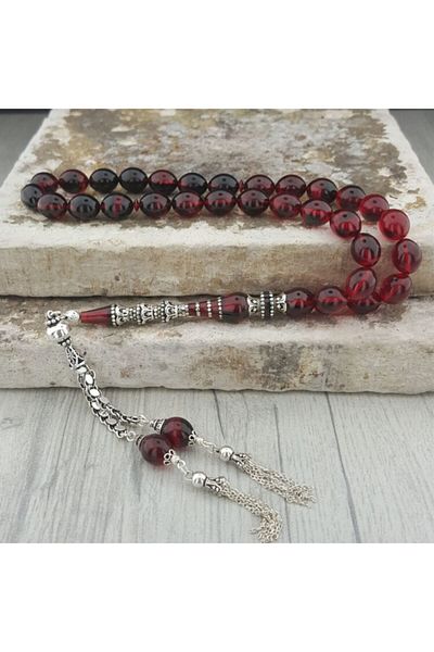 Tesbihsepetim Red Black Silver Tasseled Fire Amber Prayer Beads - Special Design