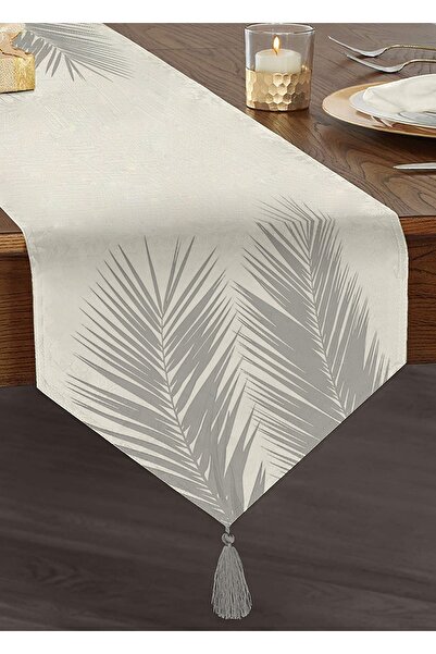 Realhomes Beyaz Zeminde Gri Palmiye Yaprakları Özel Tasarım Püsküllü Şönil Üç...
