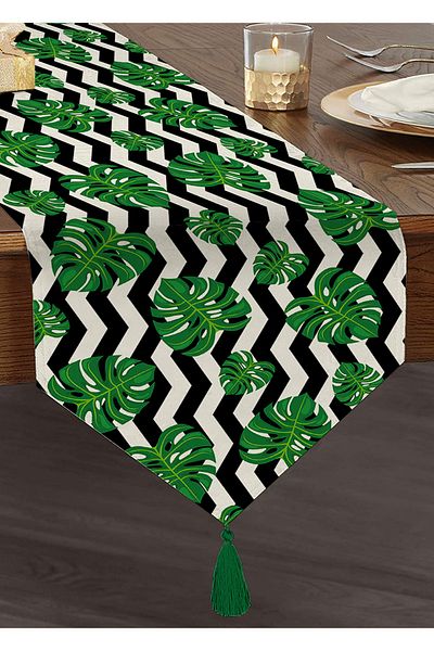 Realhomes Zigzag Zebra Themed Leaf Drawing Digital Printed Tasseled Chenille Triangle Runner
