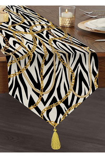 Realhomes Chain Pattern on Zebra Background Special Design Digital Printed Modern Tufted Chenille Triangle Runner