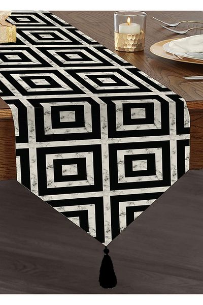 Realhomes Alergăr triunghiular din chenille, cu modele geometrice negre, design special modern, cu fundal de marmură