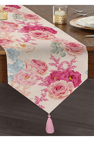 Realhomes Pudra Çiçekler Temalı Dijital Baskılı Püsküllü Şönil Üçgen Runner
