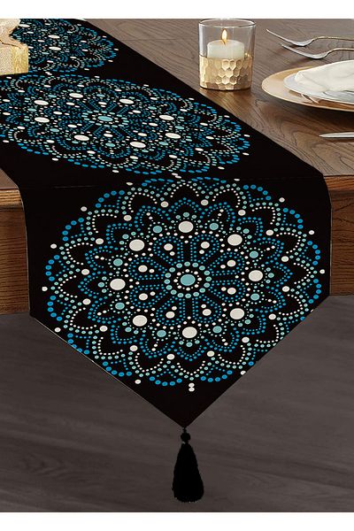 Realhomes Chenille Triunghi Runner cu ciucuri decorative mandala cu margele albastre pe fundal negru
