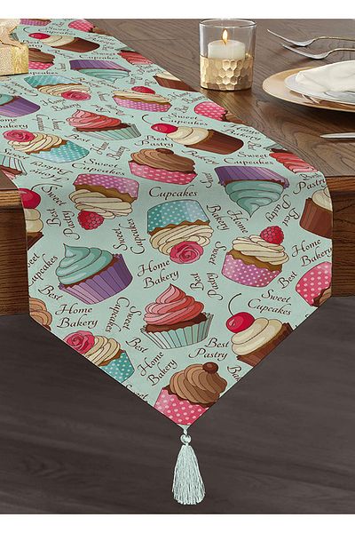 Realhomes Alergăr triunghiular din chenille cu model digital, cu model de cupcake colorat, cu ciucuri