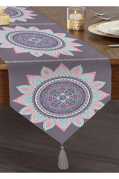 Realhomes Modern Tasseled Chenille Triangle Runner with Mandala Print on Gray Background