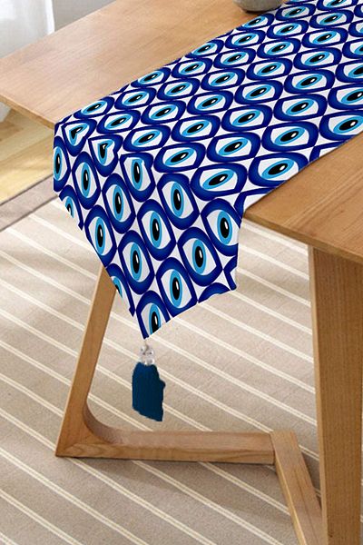 Realhomes Alergăr triunghiular modern cu smocuri din chenille, cu design personalizat, imprimat digital, cu motiv ochi