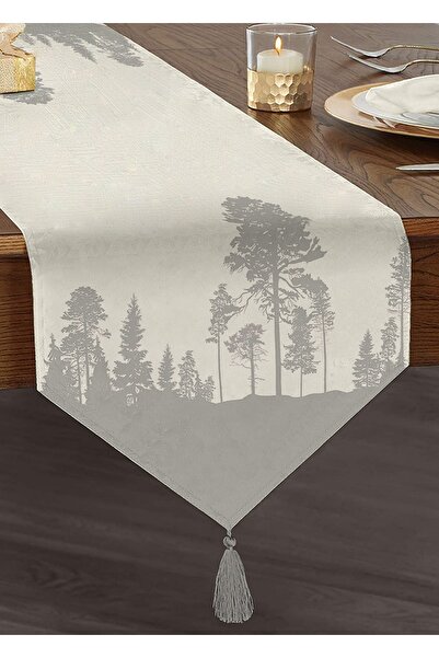 Realhomes Beyaz Zeminde Gri Ağaç Tasarımlı Dekoratif Püsküllü Şönil Üçgen Runner