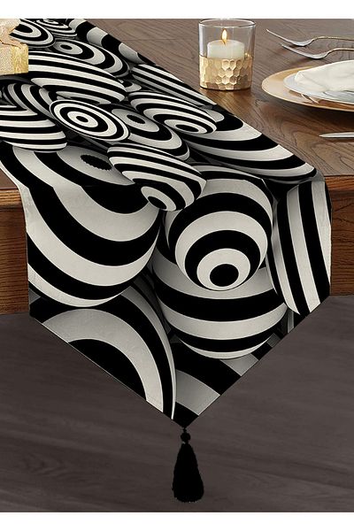 Realhomes Alb-negru 3D Sfere cu imprimare digitală Chenille Triunghi Runner cu ciucuri