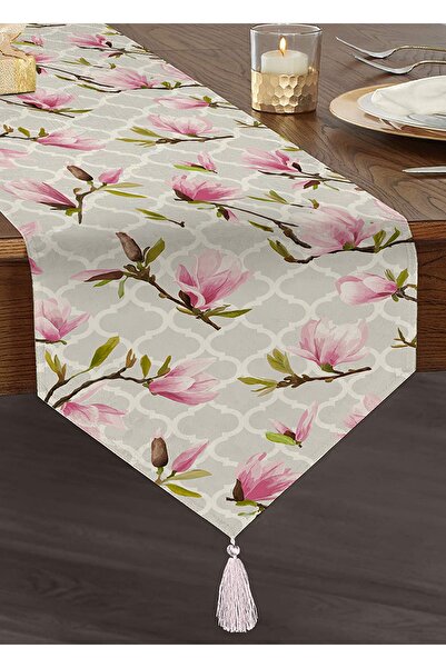 Realhomes Geometrik Zeminli Çiçek Temalı Modern Püsküllü Şönil Üçgen Runner