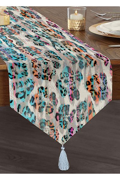 Realhomes Alergăre triunghiular din chenille cu ciucuri cu imprimeu digital cu motiv leopard