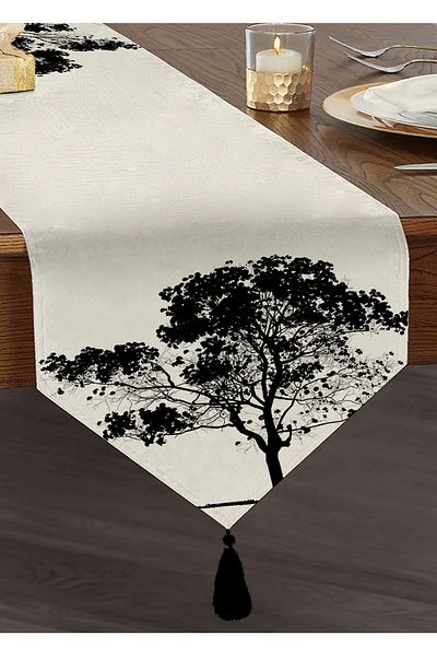 Realhomes Διακοσμητικό Nature Drawing Tree Motif Tasseled Chenille Triangle Runner